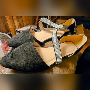 Women's Black Pointed Flats with Rhinestone Cross Strap